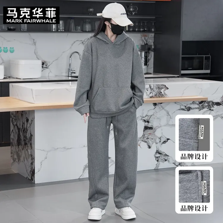 MARK FAIRWHALE/马克华菲新款宽松连帽卫衣休闲潮流长裤加绒套装