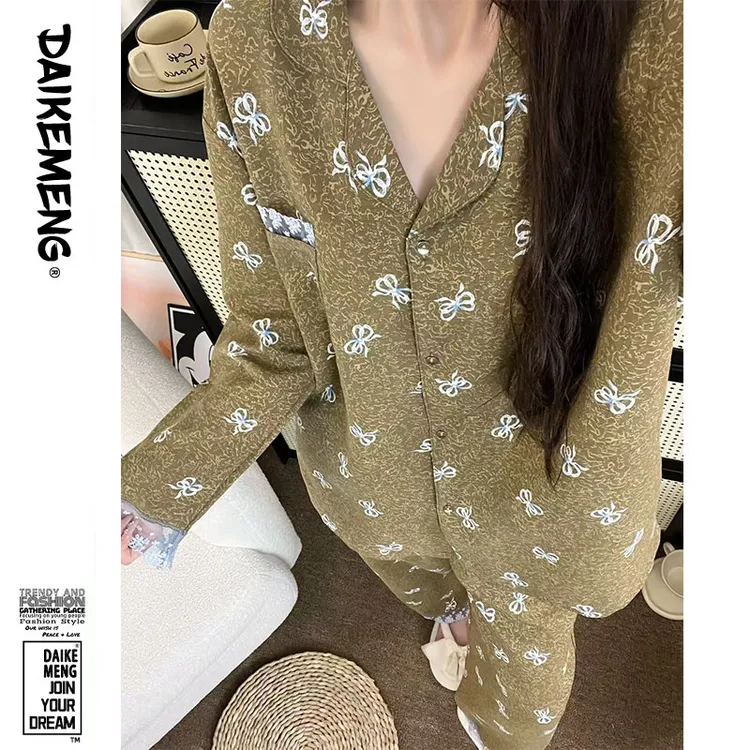 复古蝴蝶结印花设计感家居服套装女春秋新款气质花边长袖长裤睡衣
