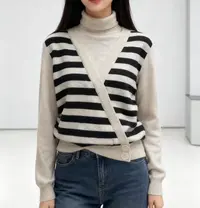 3330衣长56条纹撞色毛衣时尚宽松慵懒针织衫秋冬季女休闲气质上衣