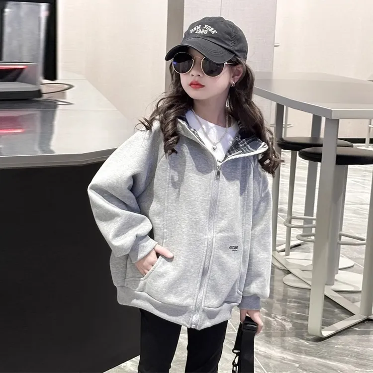 女童外套春秋款2025新款洋气女孩连帽卫衣中大童春季休闲开衫上衣