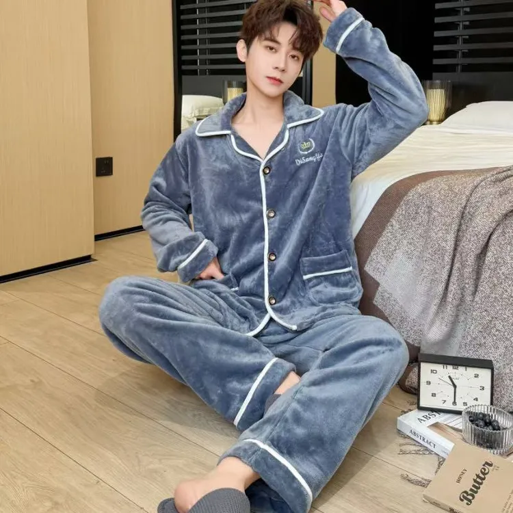 2025年保暖睡衣男款法兰绒冬季保暖男士珊瑚绒家居服套装