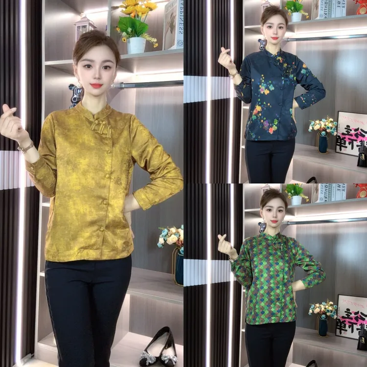 新款单排多扣斜襟中国风春秋季成人纽扣衬衫显瘦休闲ins7788