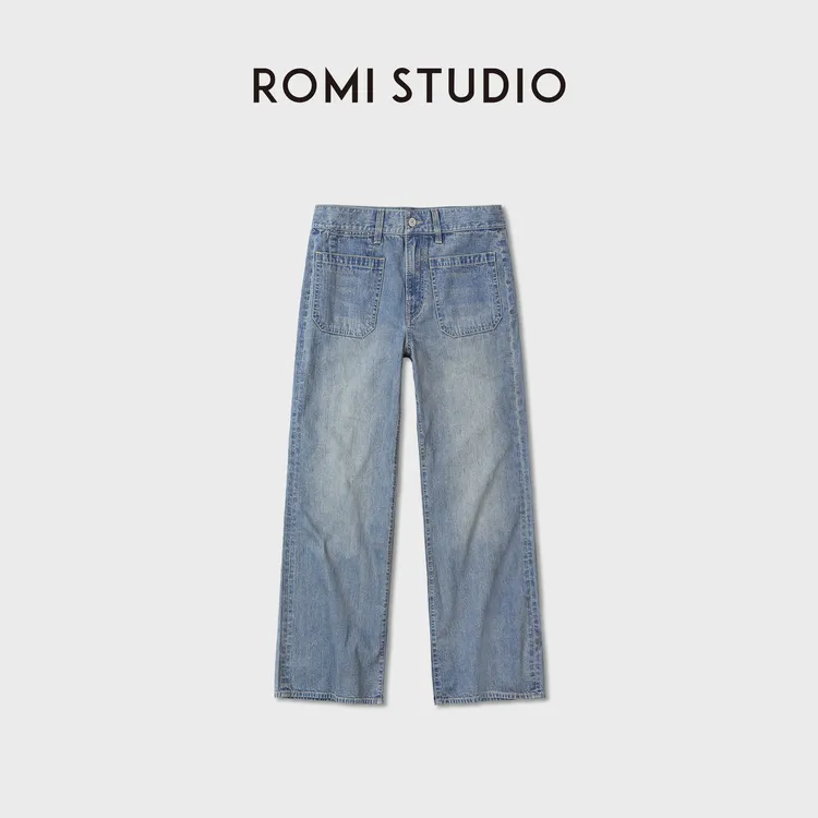 ROMI STUDIO100%棉复古渐变水洗大贴袋高腰阔腿牛仔裤RWDRX53604