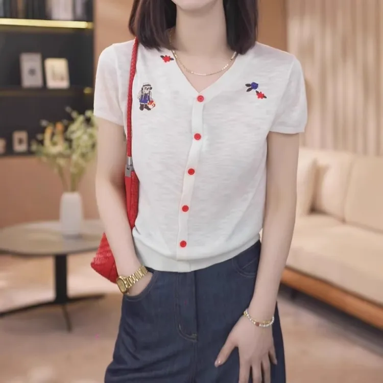 卡通刺绣针织衫女夏季薄款胖MM大码女装时尚宽松显瘦百搭气质上衣