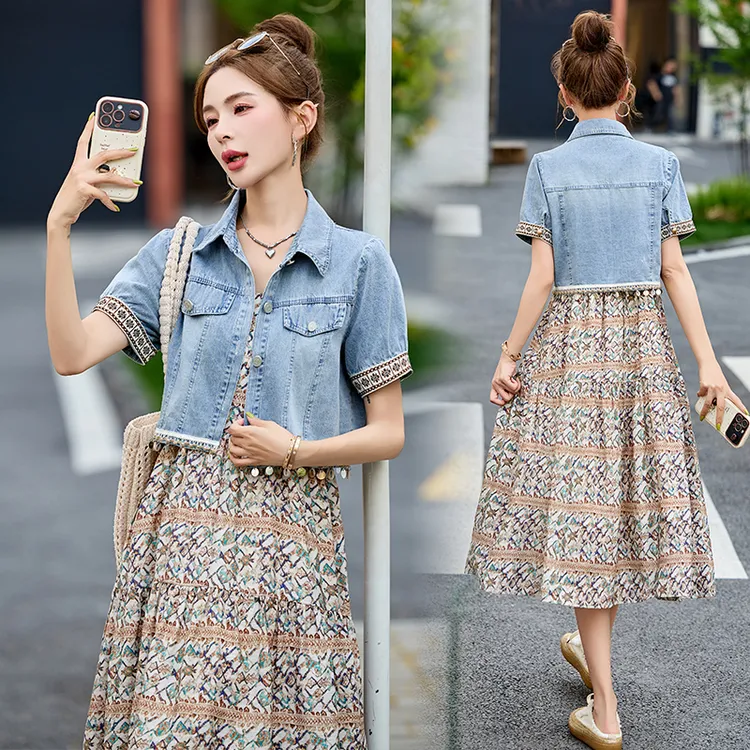 复古牛仔外套碎花套装裙女2025夏季新款洋气减龄吊带连衣裙两件套