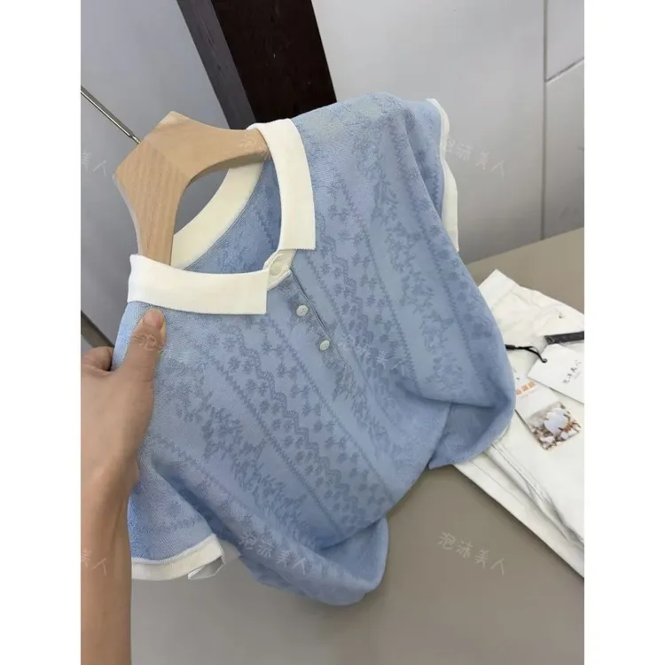 蓝白欧根纱」夏款翻领设计感时尚坎肩飞飞袖短袖洋气显瘦上衣女