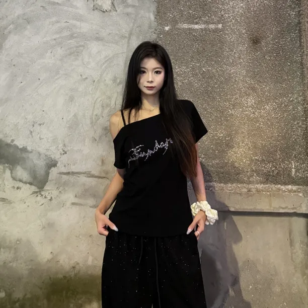 BOUNDARY原创设计反光烫钻印花性感甜辣爵士街舞斜肩T恤