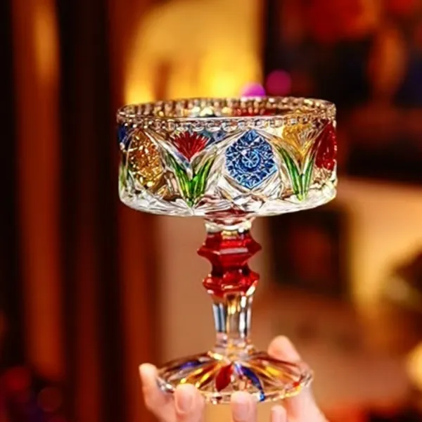 彩绘直筒高脚太阳花水晶玻璃零食盘盘水果点心盘