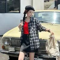 妮妮家7173时尚修身显瘦圆领背心+格子长袖衬衫两件套