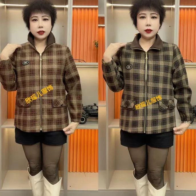 中老年女士春秋新款洋气宽松休闲格子翻领夹克外套