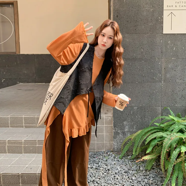 松弛感显瘦马甲T恤阔腿裤2025春秋新款复古文艺范可盐可甜三件套