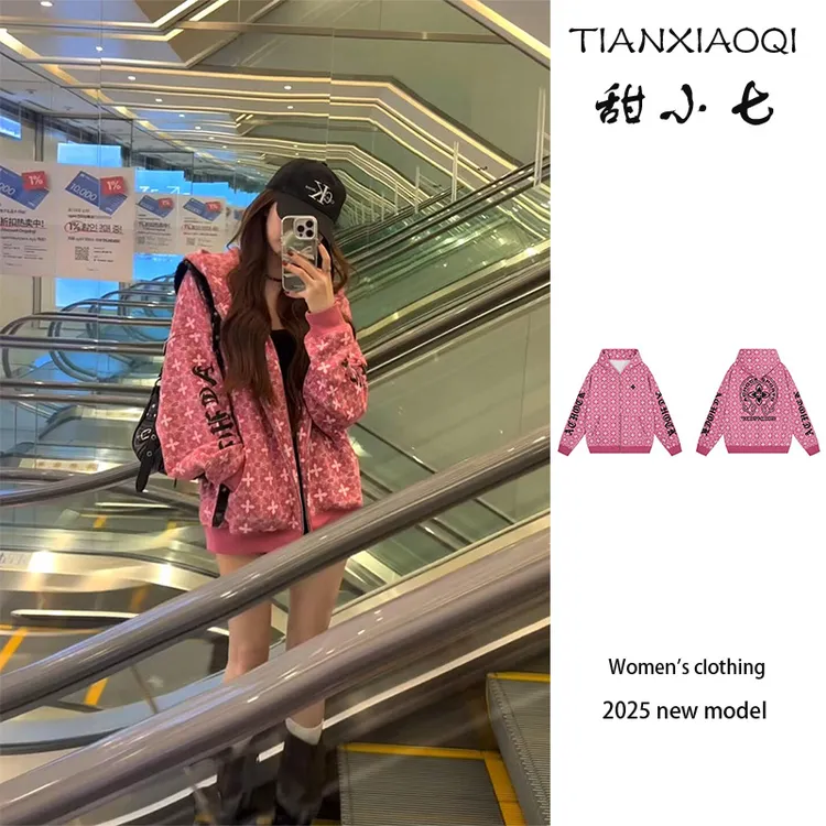 美式复古十字满印哥特风卫衣外套女秋冬加绒加厚连帽拉链开衫上衣