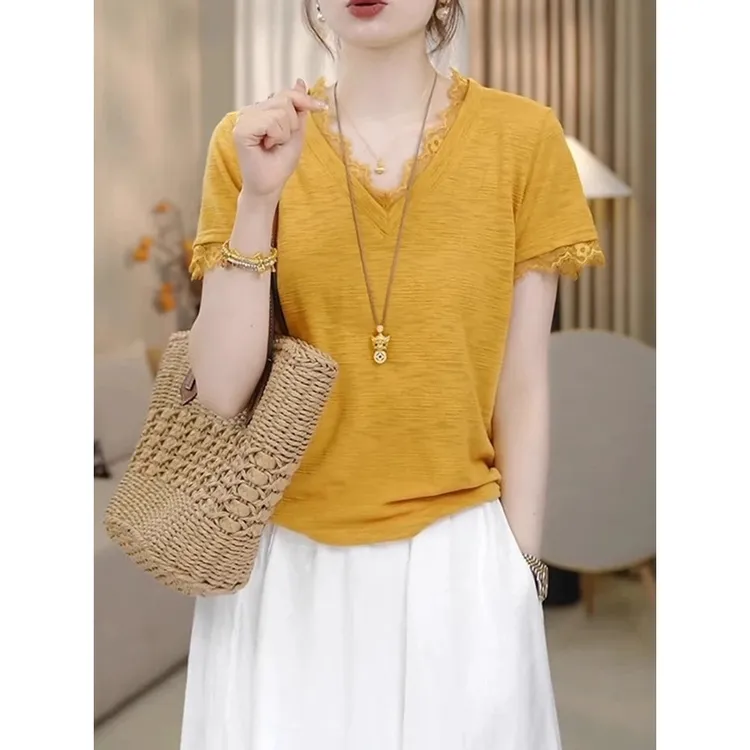 2025夏季新款独特别致打底衫上衣纯欲风大码蕾丝拼接V领短袖T恤女