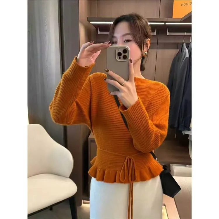 2025秋冬季新款韩系温柔风荷叶边系带收腰针织气质百搭毛衣