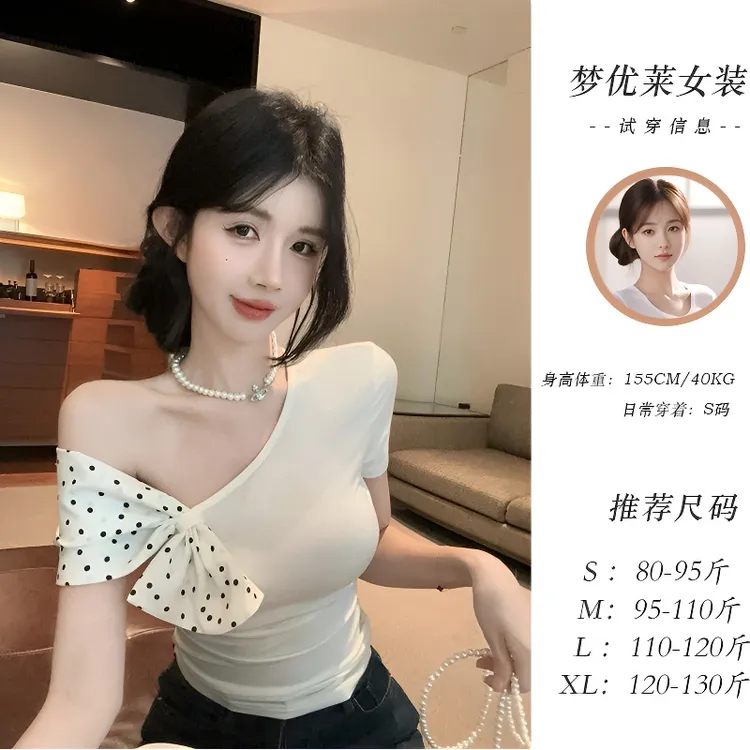 梦优莱韩系设计感波点印花蝴蝶结拼接斜领短袖T恤夏季新款上衣女
