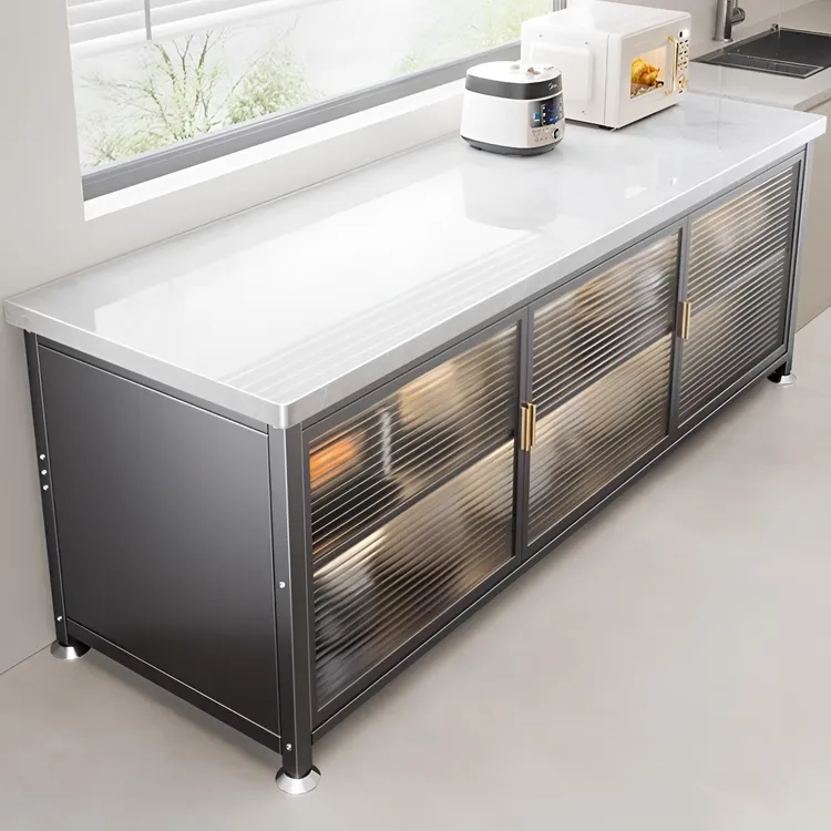 轻奢岩板厨房置物架落地多层收纳多功能微波炉切菜餐边简约储物柜