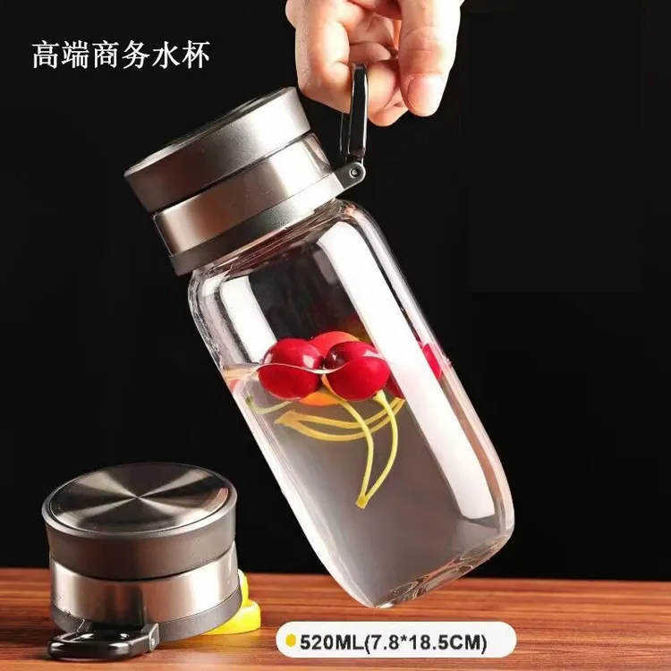 高端加厚商务泡茶杯便携提环透明玻璃杯办公喝水杯车载茶水分离杯