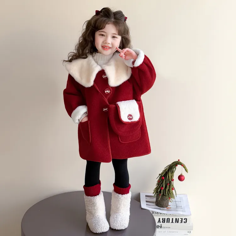 女童加绒外套拜年服2025新款儿童新年红色大衣女宝宝冬季加厚上衣