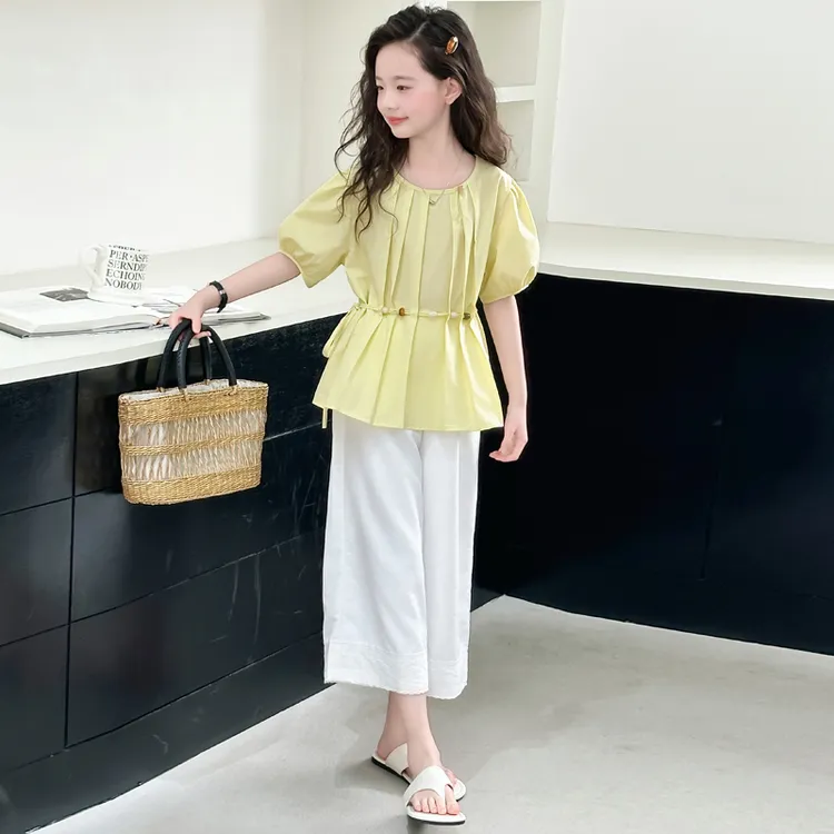 女童夏季套装2025新款洋气中大童娃娃衫夏装女孩直筒裤两件套12岁