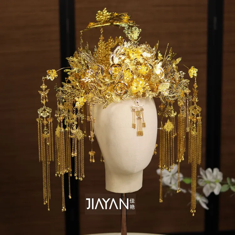 9020金色大凤冠传统中式婚礼头饰长流苏发冠整圈冠汉服龙凤褂