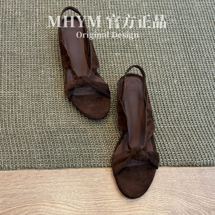 MH官方复古圆头露趾交叉带坡跟罗马凉鞋百搭简约气质一字带凉鞋