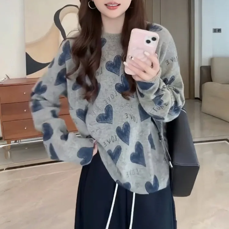 网红爱心针织衫女秋冬季新款韩版氛围感穿搭时尚洋气减龄毛衣上衣