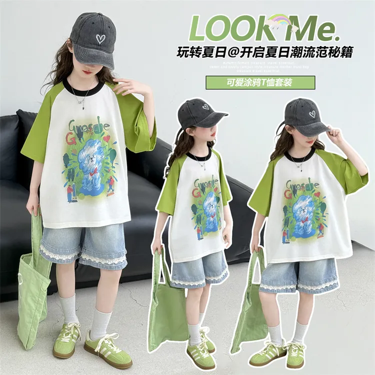 女童休闲套装夏季爆款中大童t恤衫牛仔短裤两件套初中生4-15岁8岁