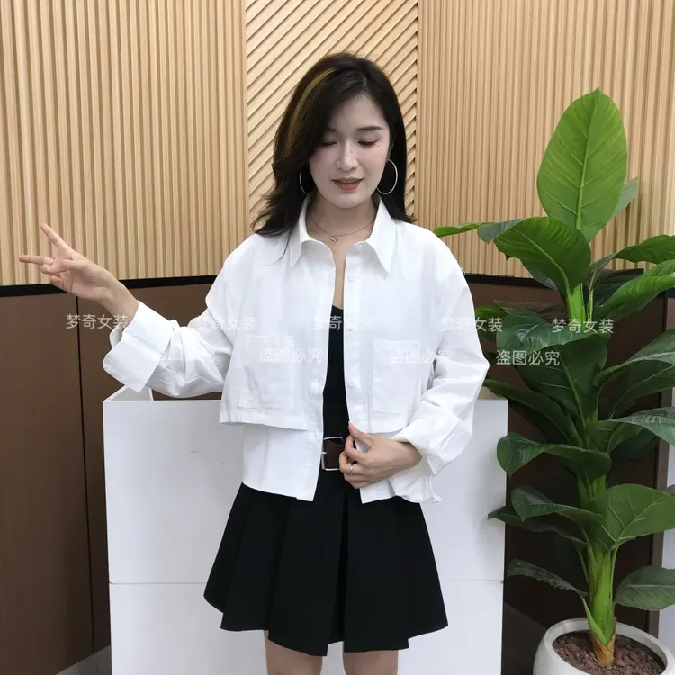 设计感假两件下摆拼接polo领长袖衬衫女早秋新款时尚显瘦别致小衫