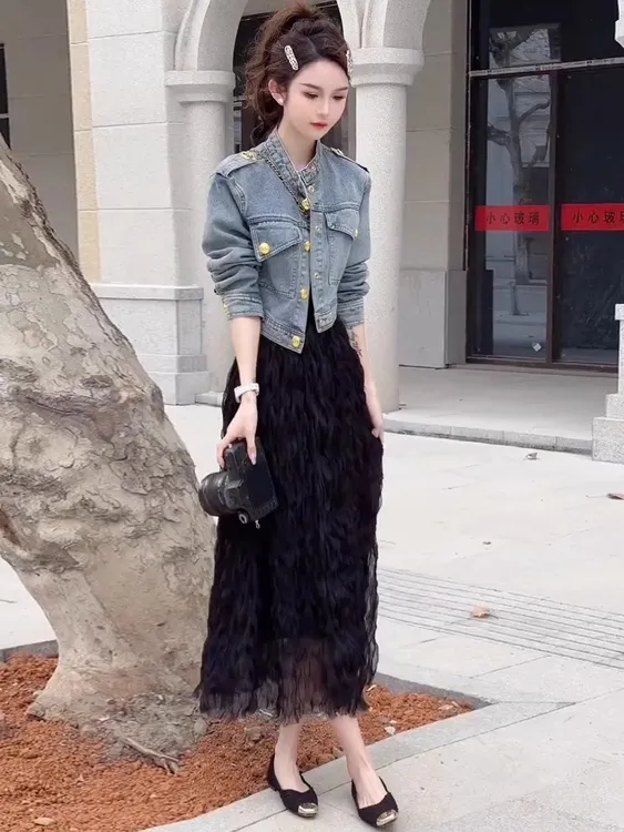 高级感气质网纱半身裙女春季新款小个子百搭高腰蛋糕裙波浪长裙