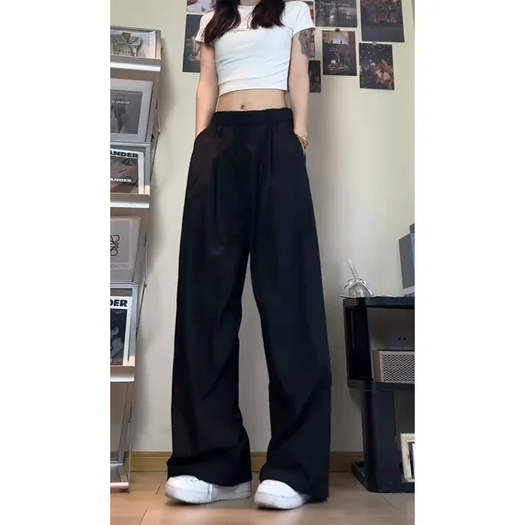 黑色冰丝阔腿裤男夏季高腰垂感休闲日系慵懒风山本裤宽松休闲裤子