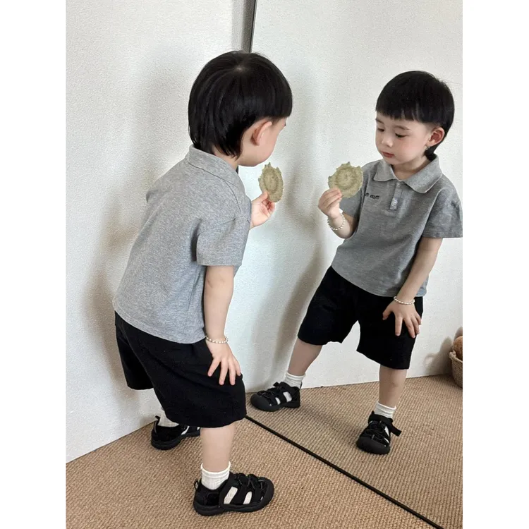 POLO新款韩版套装洋气短袖夏季短裤男童夏装两件套潮酷痞帅童装