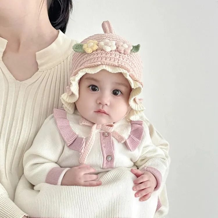 婴儿帽子秋冬季女宝宝洋气针织花朵毛线帽冬天女童保暖护耳公主帽