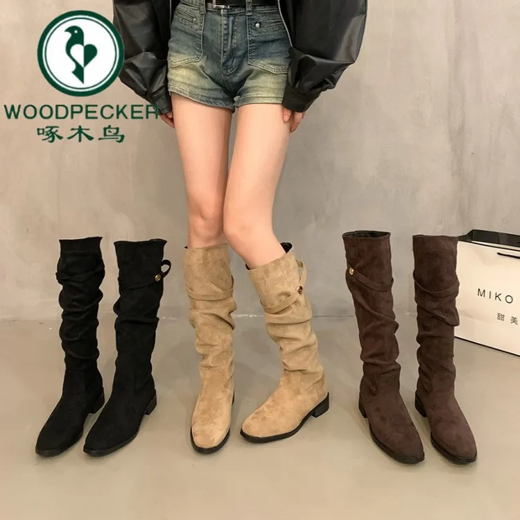 啄木鸟法式粗跟杏色绒面堆堆长靴女2025新款春秋百搭瘦瘦长筒靴子