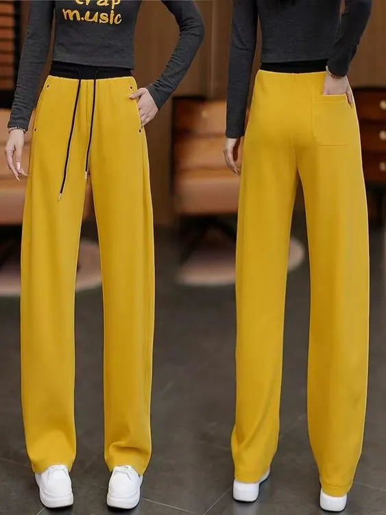 秋季时尚卫裤百搭直筒裤拼接松紧腰休闲显瘦洋气2025新款抽绳长裤