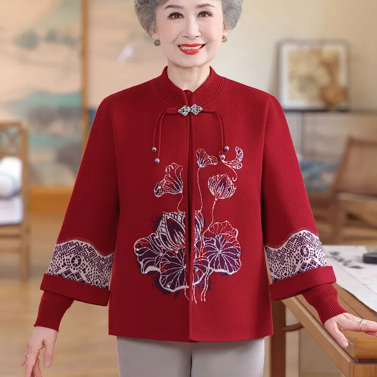 老年人奶奶秋装针织毛衣外套妈妈红色本命年婚礼中老年女款唐装