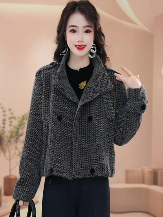 2025春秋新款短款毛呢料翻领外套女时尚洋气质韩版双排扣开衫上衣