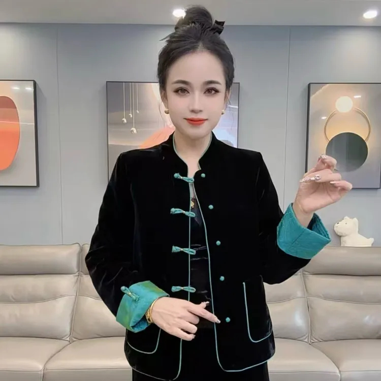 提花立领两面穿中国风直襟长袖上衣百搭秋季新款中式网红气质外套