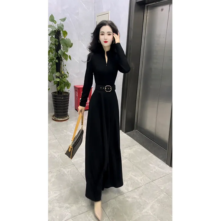 2025秋冬新款法式长款气质显瘦高级黑收腰长袖侧口袋连衣裙98920