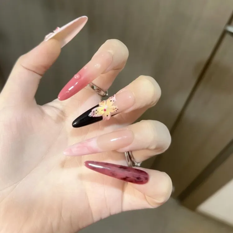 【西雅图之夜】甜辣海岛风精美立体水露雕花晕染手工穿戴甲中长款