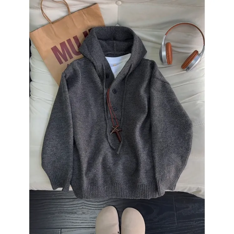 深灰色亨利领连帽针织卫衣男款秋冬美式复古毛衣慵懒风高级感外套