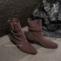 【STAR】两穿~复古英伦风气质皮带扣方头简约褶皱高级感短靴3.5cm