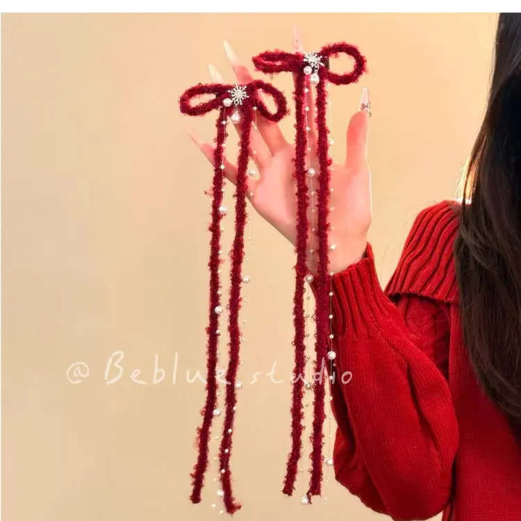 红色毛绒雪花蝴蝶结发夹女鸭嘴夹甜美可爱秋冬新年发饰