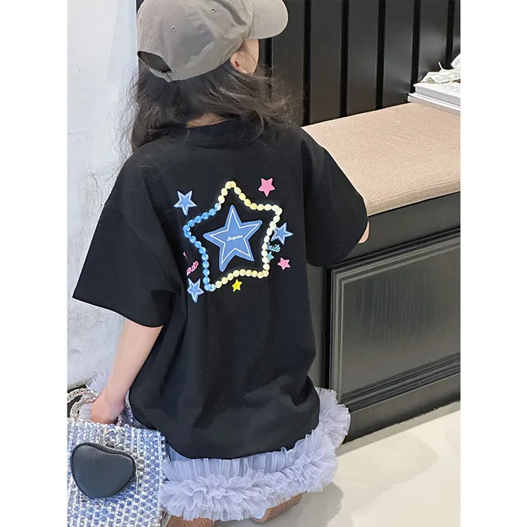 K28990 美式复古女童T恤短袖2025新款夏装儿童上衣宽松洋气衣服潮