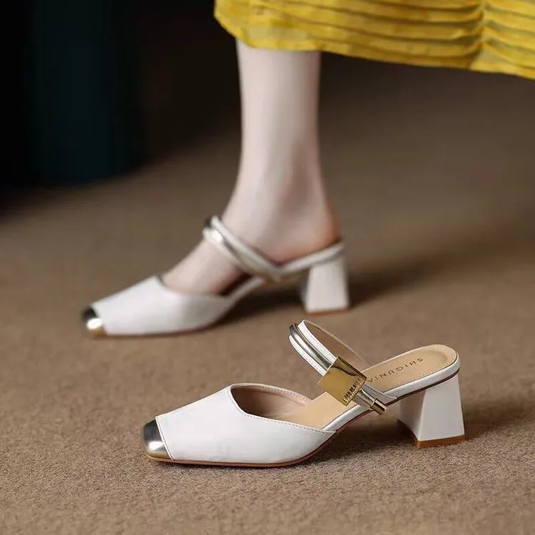 国风中式包头半拖鞋女2025年夏季仙女风古典感方头外穿高跟百搭