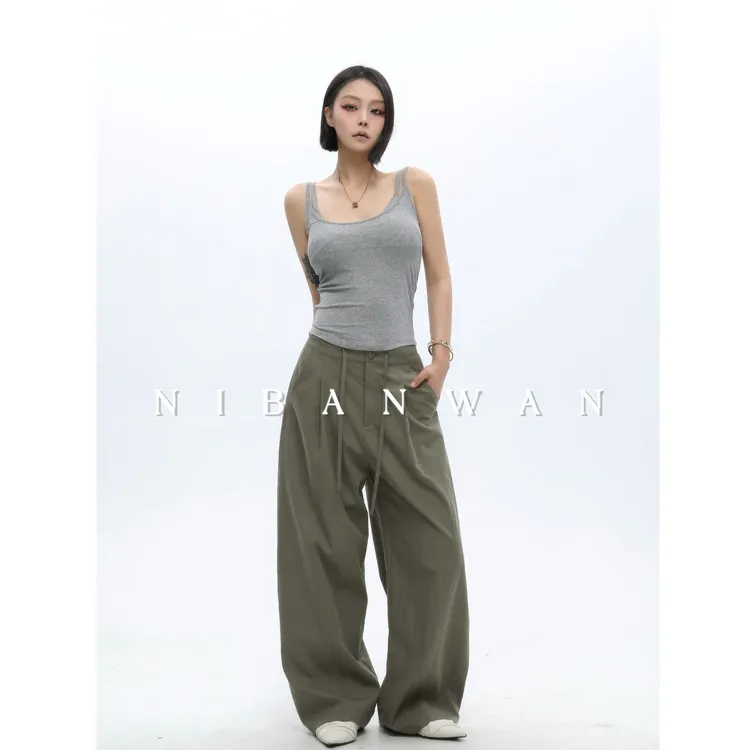 NBW秋季美式复古纯欲慵懒风百搭休闲薄款阔腿女宽松休闲裤流光风