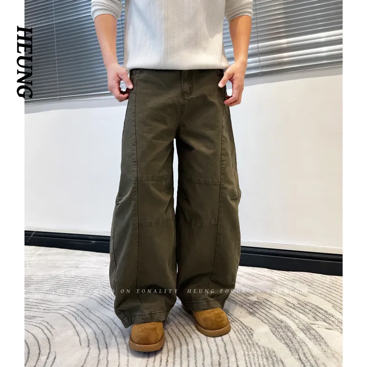 HEUNG 美式复古廓形拼接设计弯刀裤长裤简约百搭宽松水洗棉感裤男