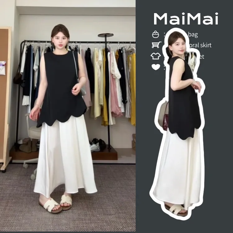 大码女装时尚气质氧气无袖简约高级感不规则上衣＋半身裙套装女