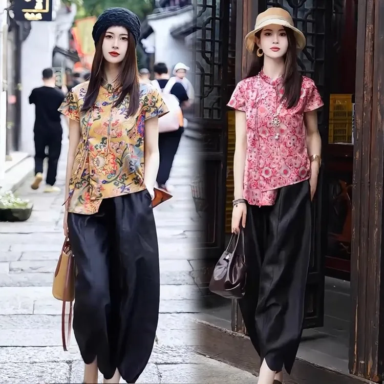 新中式国风时尚套装女2025夏季新款印花盘扣上衣甜美可爱风格衣服