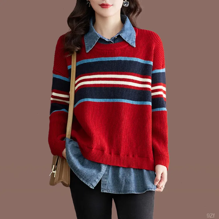 复古条纹撞色假两件毛衣女2025秋冬新款牛仔衬衫领拼接宽松针织衫
