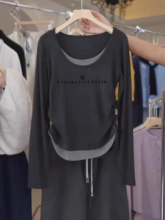 长袖打底港风复古新款春秋假两件正肩圆领内搭女T恤显瘦收腰上衣
